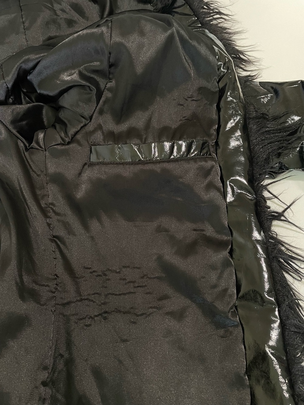 UNIF Imp Coat Glossy Vinyl Faux Fur Trim Hooded Jacket Black Medium Whimsigoth - Picture 13 of 16